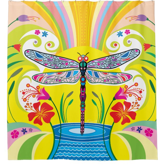 Rideaux De Douche Libellule radieuse et fleurs sauvages (Devant)