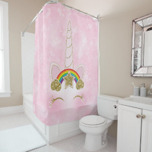 Rideaux De Douche Licorne à corne visage arc-en-ciel or coeurs roses