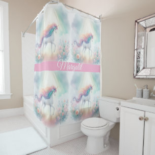 Rideaux De Douche Licorne Arc-en-Ciel Nom Personnalisé
