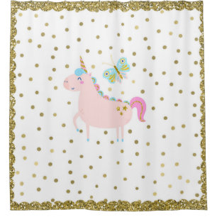 Rideaux De Douche Licorne Fille Pailleté Rose & Or Regard Pailleté