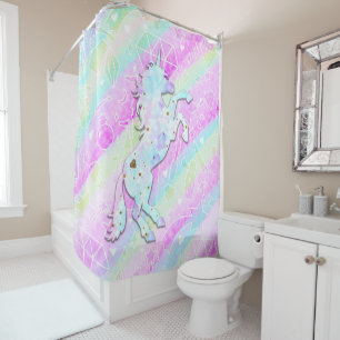 Rideaux De Douche Licorne Magique Pastel Diamants & Étoiles Arc-en-C