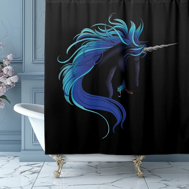 Rideaux De Douche Licorne noire élégante Magie Fantastique Bleu Arge (Créateur téléchargé)