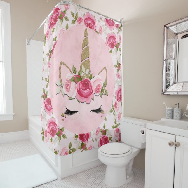 Rideaux De Douche Licorne Or Rose Floral Roses Rose Mignon Tendance  (En situation)