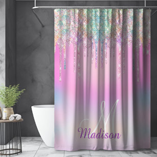 Rideaux De Douche Licorne rose mignonne arc-en-ciel paillettes monog
