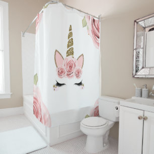 Rideaux De Douche Licorne Rose Tendance Paillettes Dorées Mignonne
