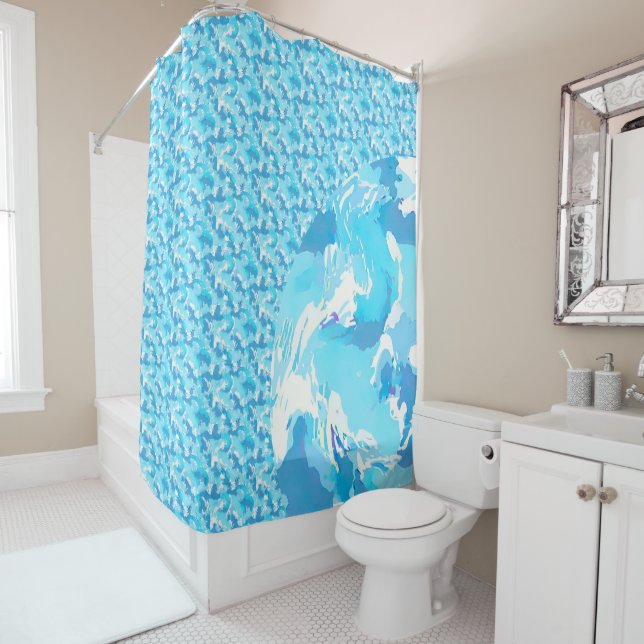 Rideaux De Douche Light blue & White Ocean Abstract Art (En situation)