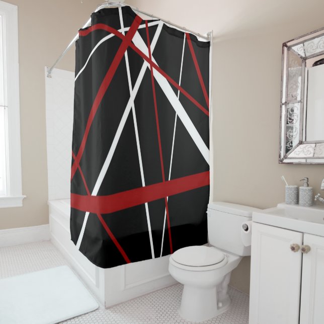 Rideaux De Douche Ligne Moderne Géométrie Urbaine Noir Blanc Rouge (En situation)
