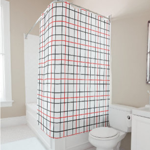 Rideaux De Douche Lignes de grille noire rouge Conception de plis