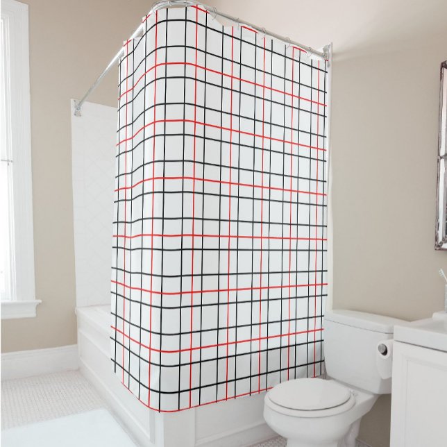 Rideaux De Douche Lignes de grille noire rouge Conception de plis (Créateur téléchargé)