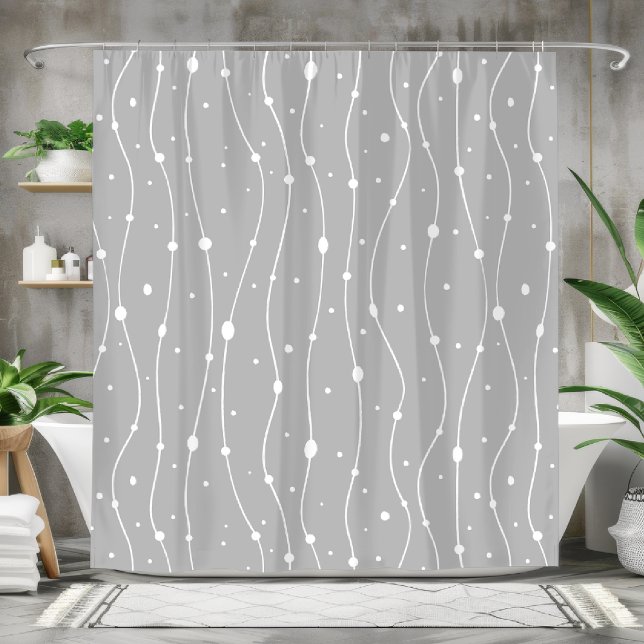 Rideaux De Douche Lignes et points ondulés gris et blanc modernes (Créateur téléchargé)