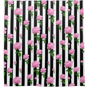 Rideaux De Douche Lignes Fleurs Roses Roses Roses Noires