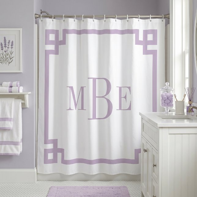 Rideaux De Douche Lila Pourpre et Blanc Clé Grecque | Monogrammé (Créateur téléchargé)