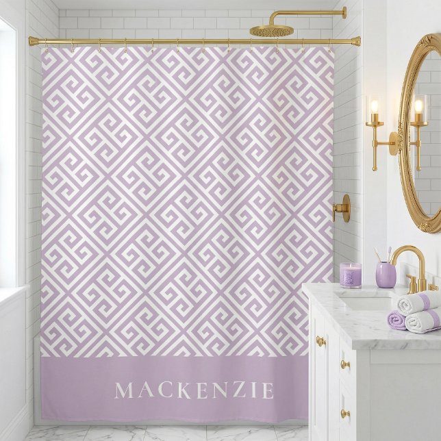 Rideaux De Douche Lila Violet et Blanc Clé Grecque Monogramme de Nom (Créateur téléchargé)