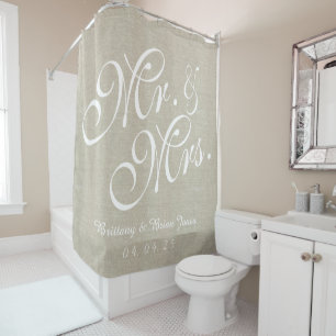 Rideaux De Douche Linen beige Regardez M. et Mme Noms Date Mariage
