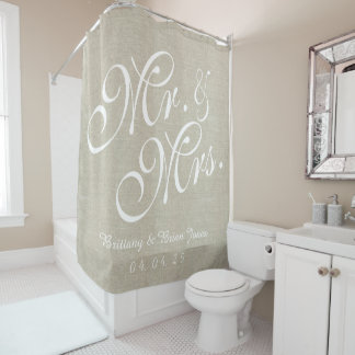 Rideaux De Douche Linen beige Regardez M. et Mme Noms Date Mariage