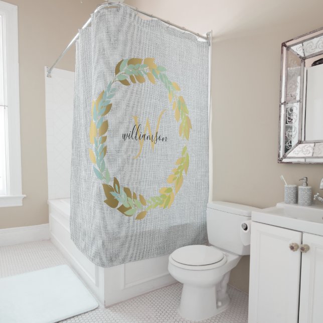 Rideaux De Douche Linge Gris Avec Couronne Dorée Monogramme Maison d (En situation)