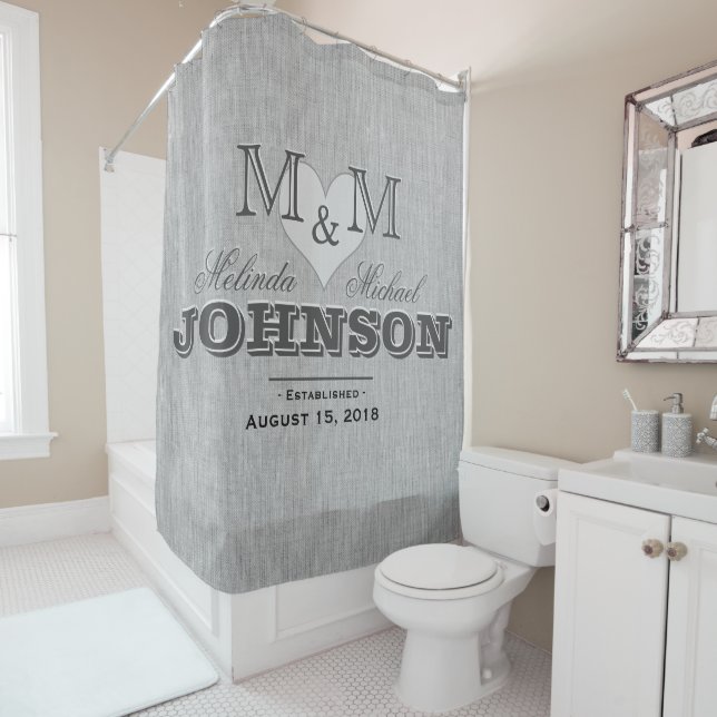 Rideaux De Douche Linge gris et Mariage de monogramme cardiaque (En situation)