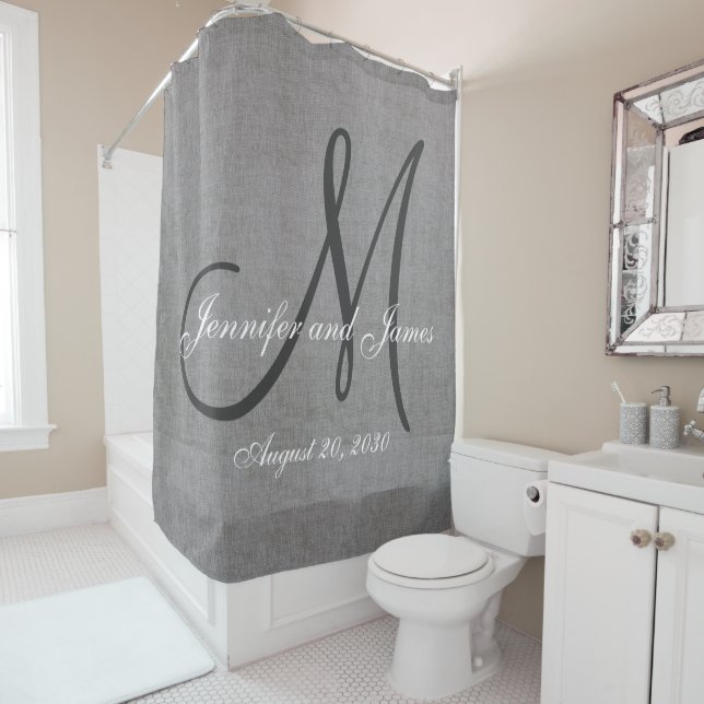 Rideaux De Douche Linge gris Look Noms de monogrammes Mariage (En situation)