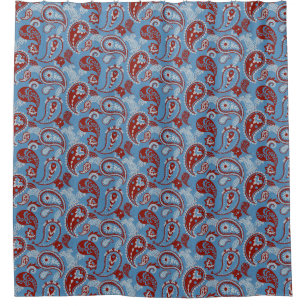 Rideaux De Douche Linocut traditionnel Paisley Rouge Bleu Blanc