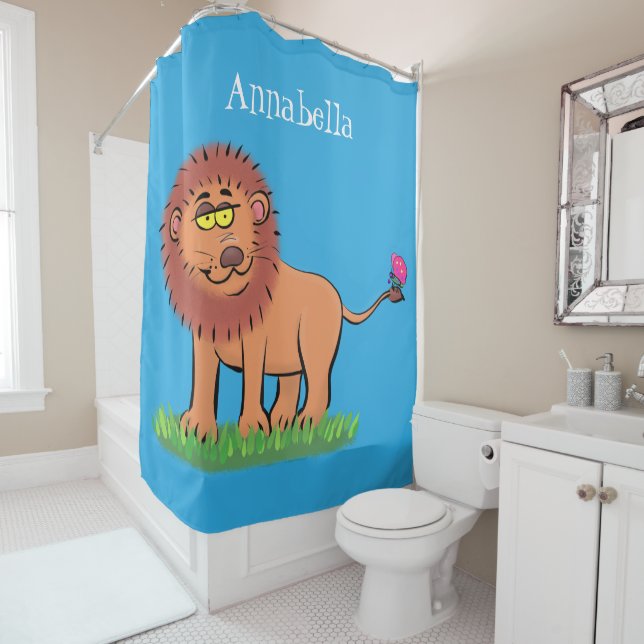 Rideaux De Douche Lion joyeux avec dessin animé de papillon (En situation)