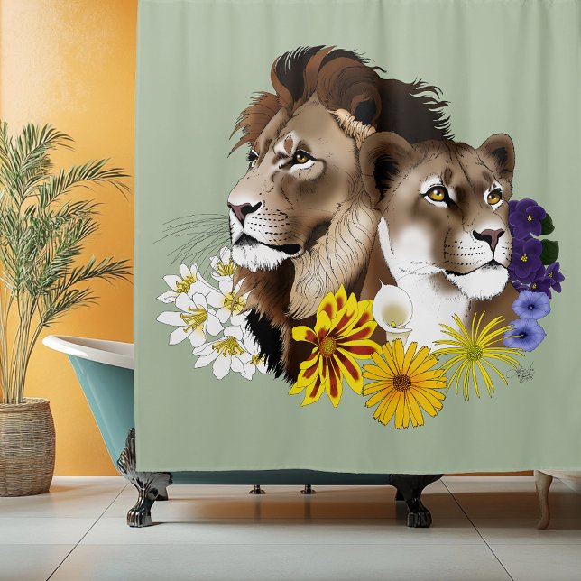 Rideaux De Douche Lion Lionne Floral Vert  (Créateur téléchargé)