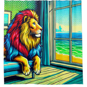 Rideaux De Douche Lion vibrant d'Art Pop avec vue sur l'océan