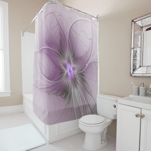 Rideaux De Douche Little Beauty Modern Mauve Gray Fractal Art Flower (En situation)