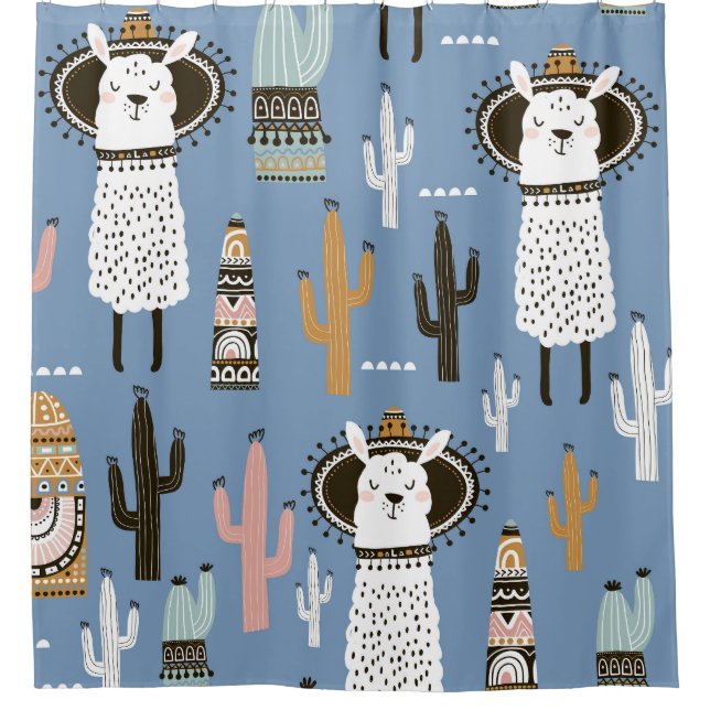 Rideaux De Douche Llama, Cactus, Motif d'éléments à main. (Devant)