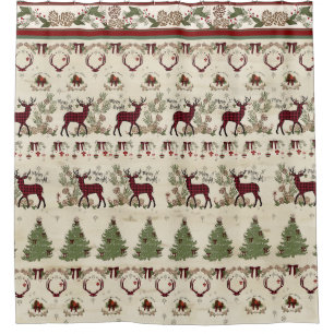 Rideaux De Douche Lodge Christmas Tree Joyeux Bright Deer Antlers