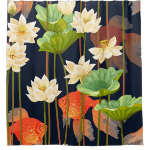 Rideaux De Douche Lotus blanc, poisson : motif sans soudure.