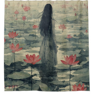 Rideaux De Douche Lotus mélancolique Brouillard Aquarelle (2)