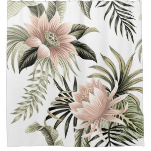 Rideaux De Douche Lotus rose vintage tropical, feuilles de palmiers,