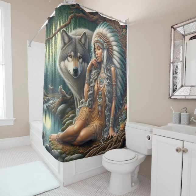 Rideaux De Douche Loup et Indiens de nature (En situation)