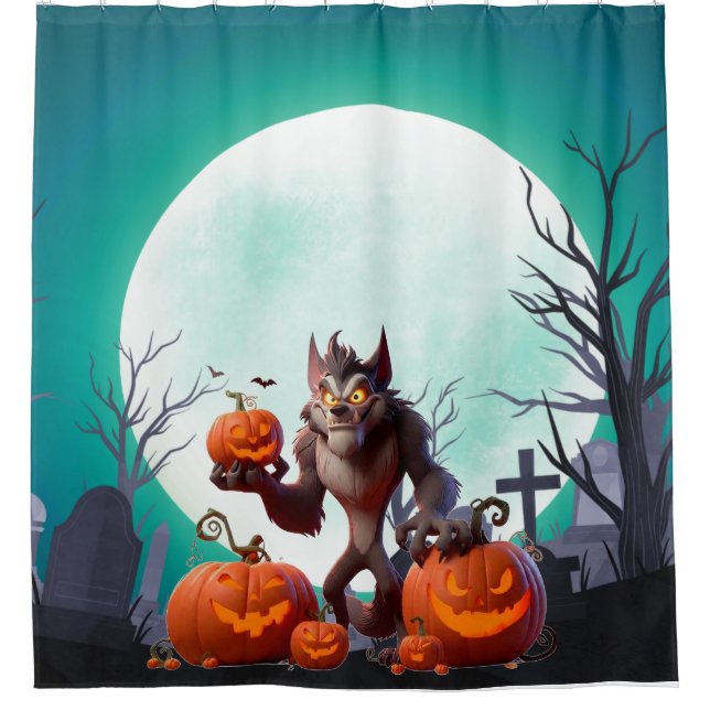 Rideaux De Douche loup-garou et citrouilles d'Halloween (Devant)