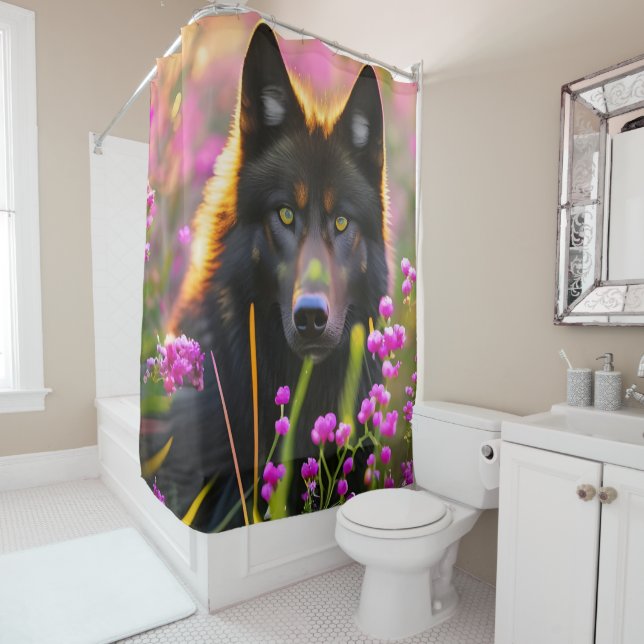 Rideaux De Douche Loup noir en fleurs roses (En situation)