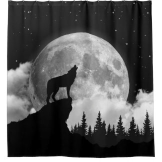 Rideaux De Douche Loup noir et blanc hurlant sur la lune