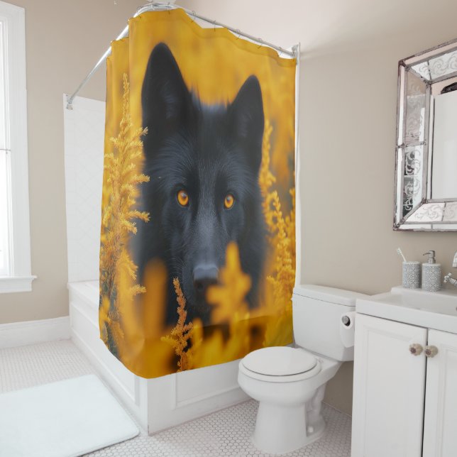 Rideaux De Douche Loup noir superbe aux yeux d'or (En situation)