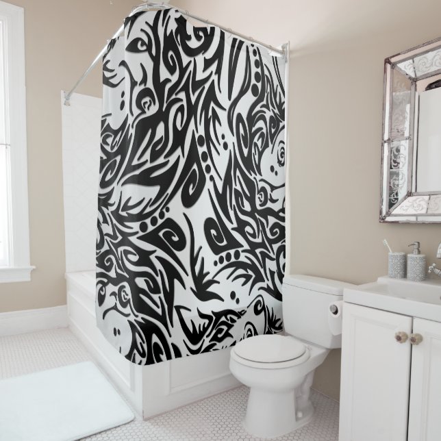 Rideaux De Douche Loup tribal noir et argent abstrait (En situation)