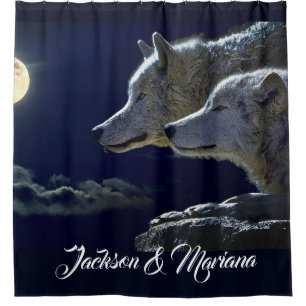 Rideaux De Douche Loups gris sous une Pleine lune