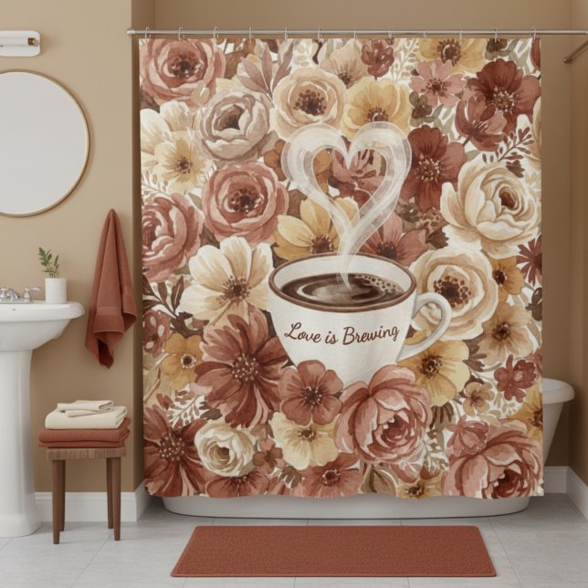 Rideaux De Douche Love is Brewing Brown Floral Coffee Heart Mug (Love is Brewing Brown Floral Coffee Heart Mug Shower Curtain
)