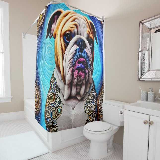 Rideaux De Douche Lumineuse Bulldog Blue Ocean Wave Pointillisme (En situation)