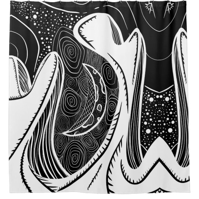 Rideaux De Douche Lune et vagues noir et blanc (Devant)