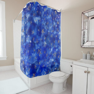 Rideaux De Douche Lune Étoiles Bronze Doré Aquarelle Bleu Caprice