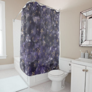 Rideaux De Douche Lune Étoiles Bronze Or Aquarelle Violet Fantaisist