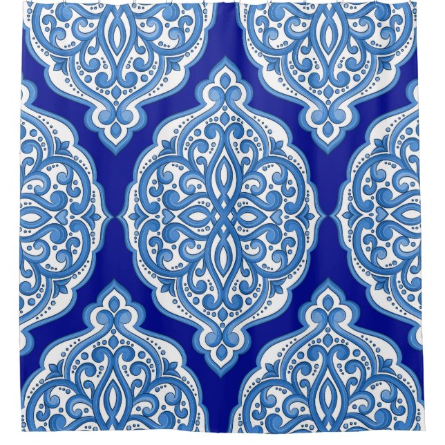 Rideaux De Douche Luxe blanc-bleu, ornement turc. (Devant)