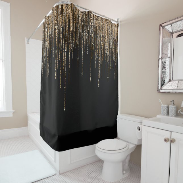Rideaux De Douche Luxe Chic Black Gold Fringe Parties scintillant ét (En situation)