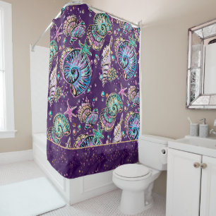 Rideaux De Douche Luxe violet sous-marine   Dark Pastel Gold Sea Lif