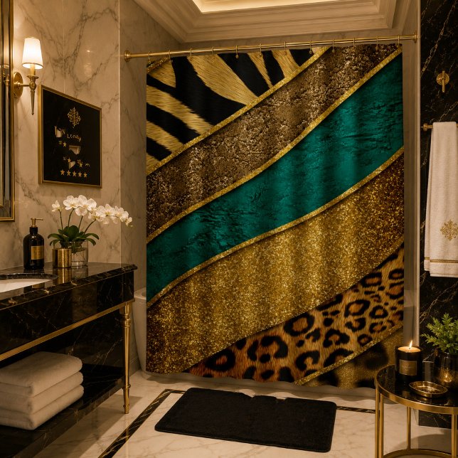 Rideaux De Douche Luxury Emerald & Gold Safari Leopard Zebra Glitter (Créateur téléchargé)