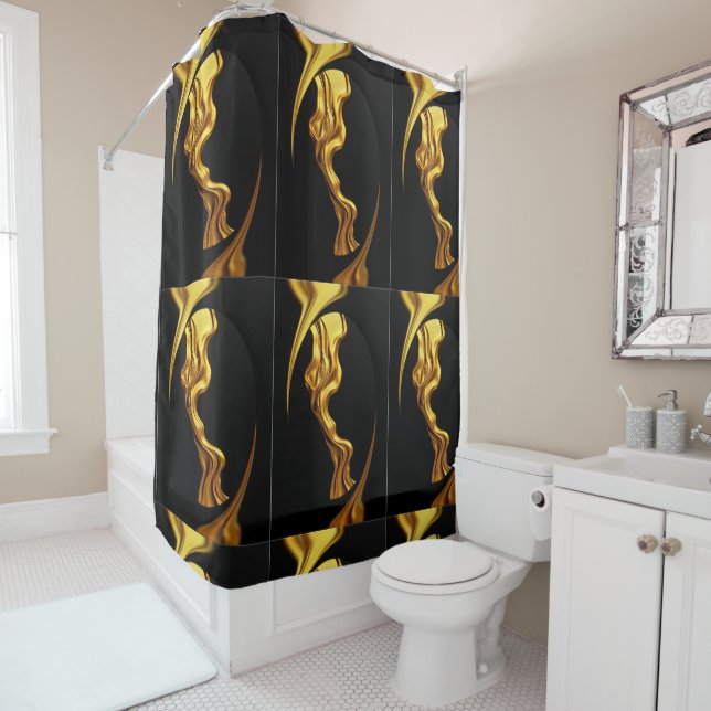 Rideaux De Douche Luxury Full Gold Swirl Black Waterproof Bathroom  (En situation)