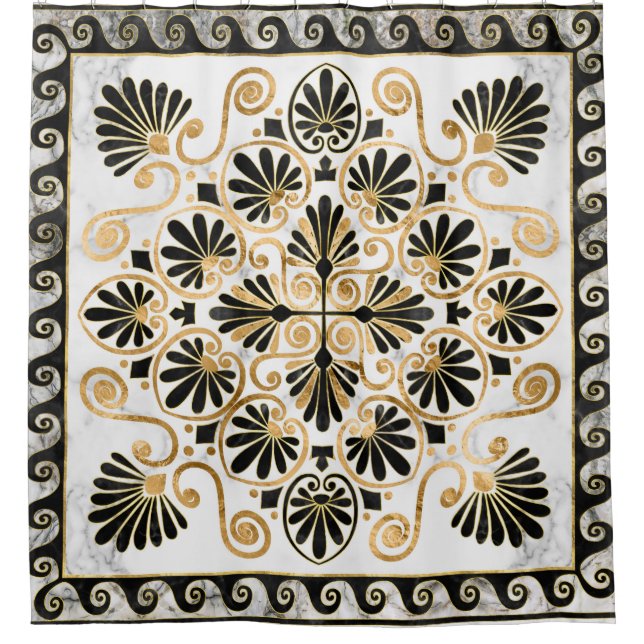 Rideaux De Douche Luxury Greek Ornament Black and White Marble (Devant)